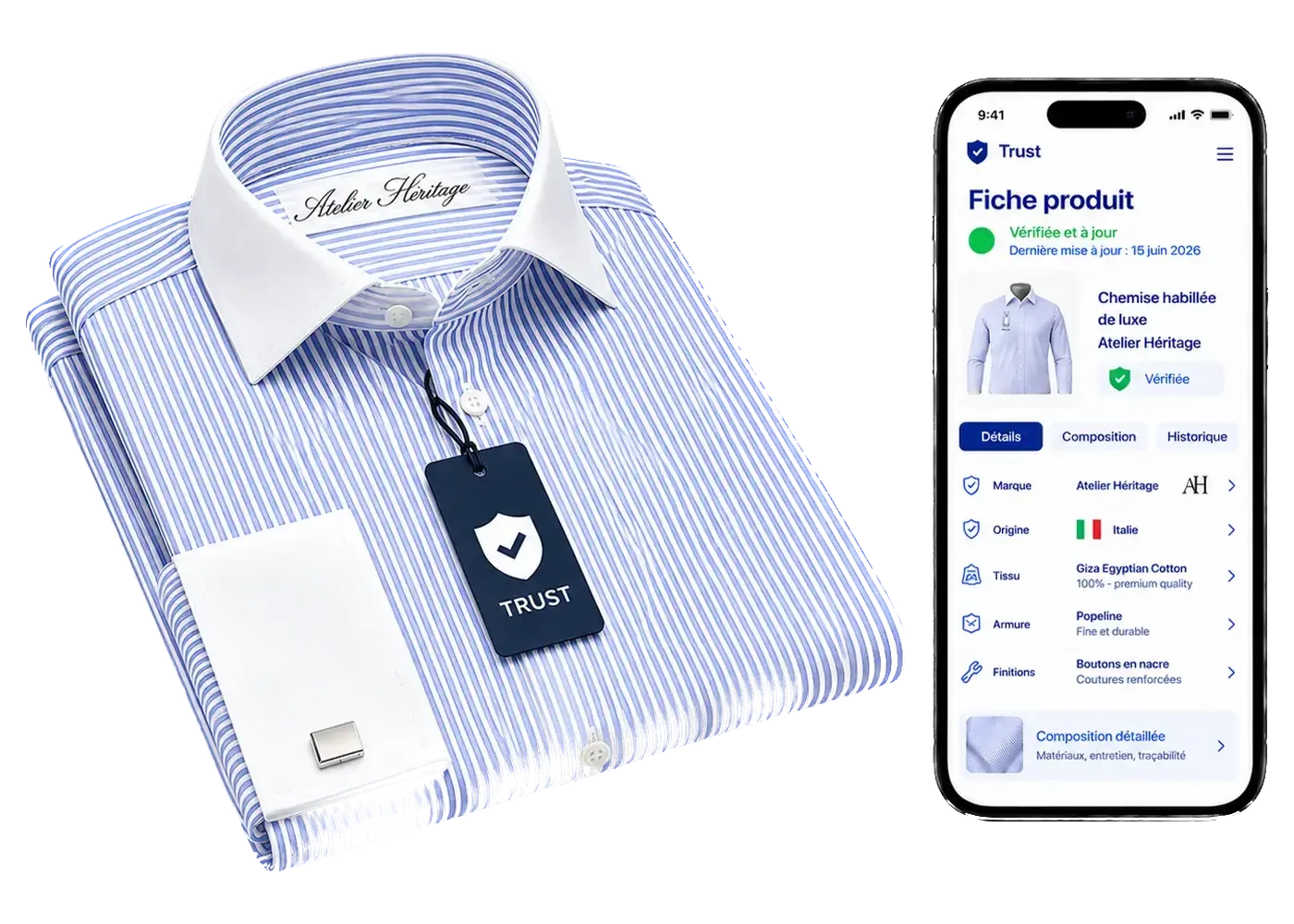 Chemise certifiée par Trust, reliée à son passeport produit et à son achat Agent Wallet